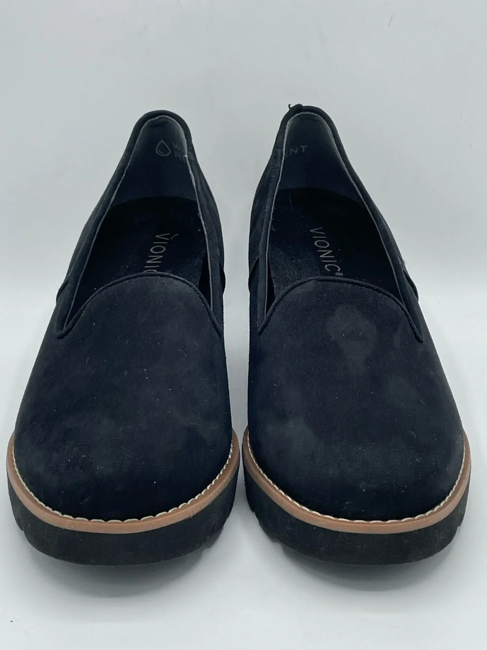 Vionic Willa Black Suede Wedge Loafers - Slip-On Comfort.